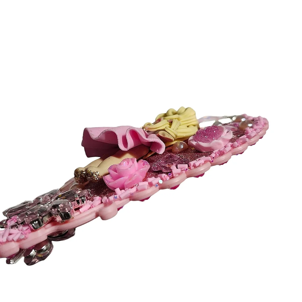 Handheld Beauty Makeup Mirror Clay Doll Bling Embellished Beauty Fashion Pink